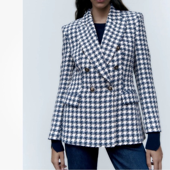 Zara Blue Double Breasted Houndstooth Blazer size S  academia preppy old money - Picture 1 of 13